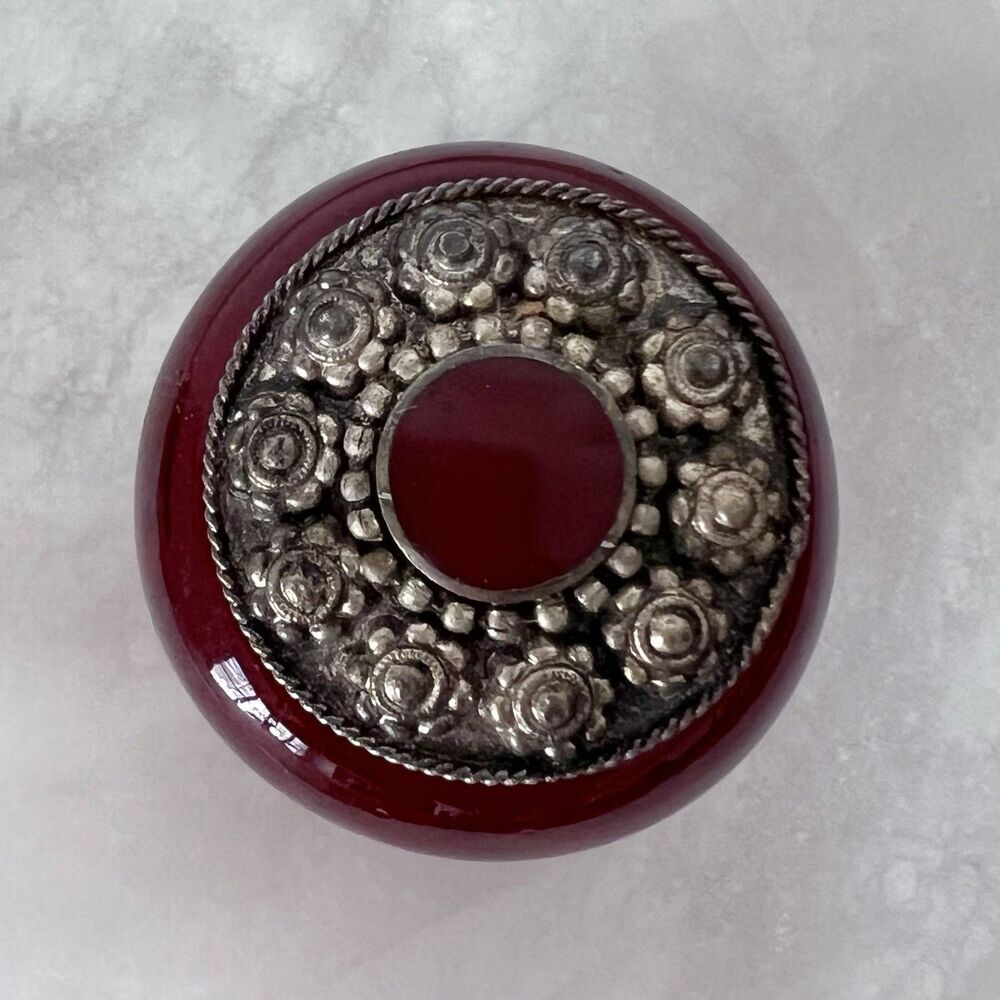Two’s Company Jewelry Trinket Pill Box Decorated Silver Plated Red Glass 2” T - Picture 4 of 6